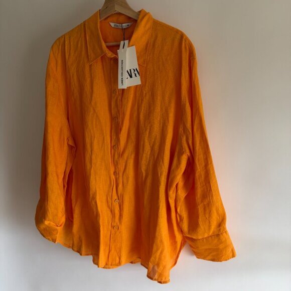 ZARA Linen Orange Button Down Collared Shirt - Picture 9 of 9